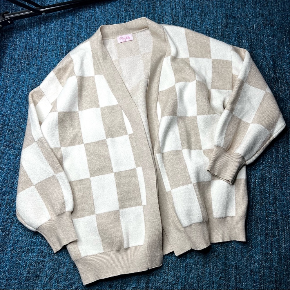 Pink Lily Checkerboard Oversized Cardigan in Light Tan Cream White